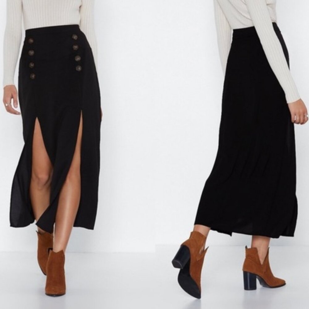 Nasty Gal Black 'Can't We Just Slit Down' Midi Skirt US 8